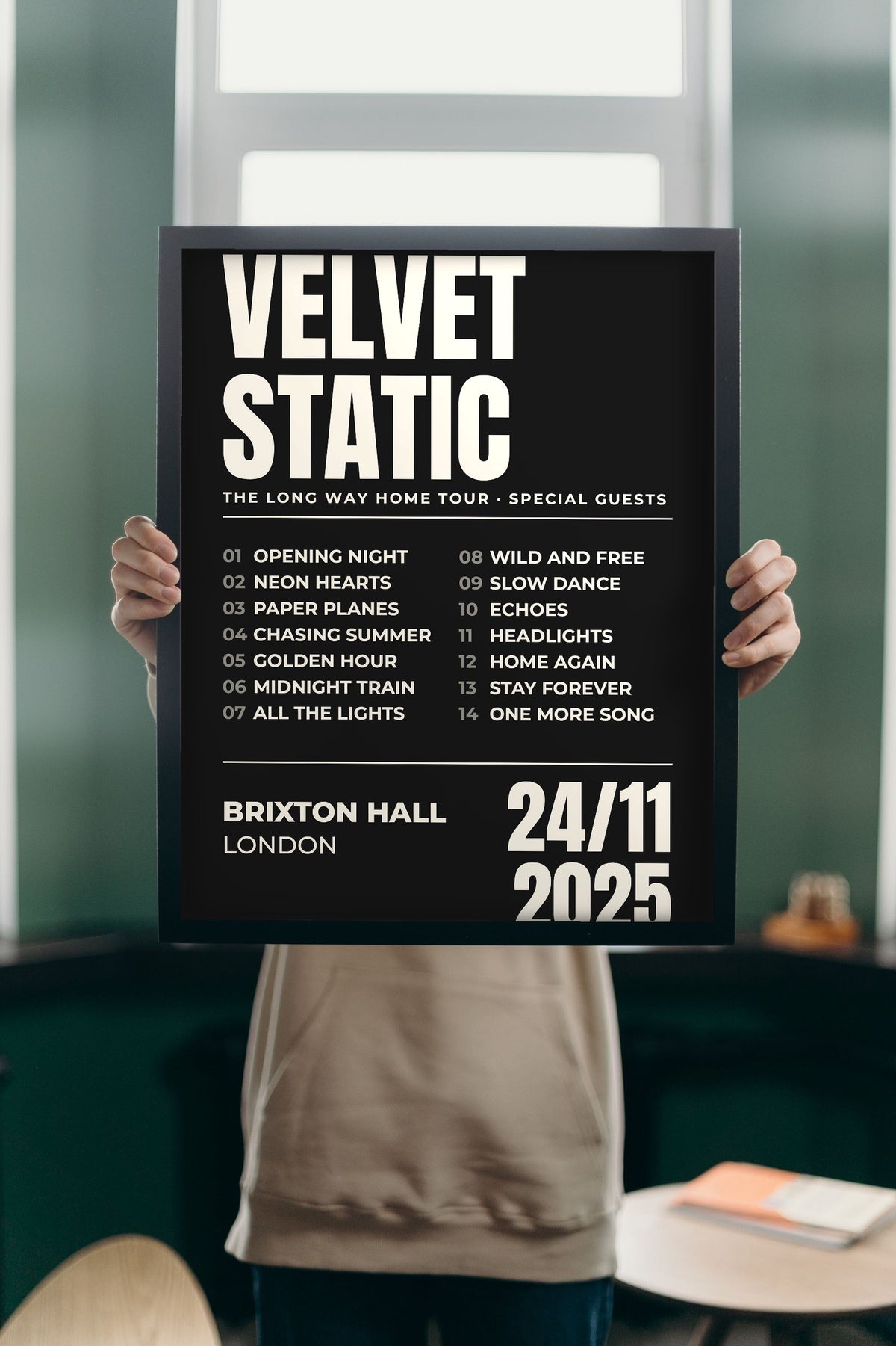 Personalised Gig Poster - Lifestyle - held up in a bright room