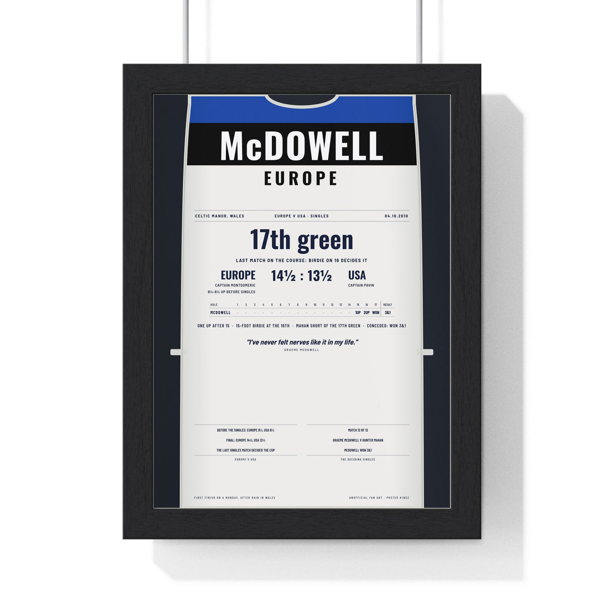 Graeme McDowell Celtic Manor 2010 Golf Poster - Caddie Bib Europe v USA Winning Point Print framed in a black frame, ready to hang