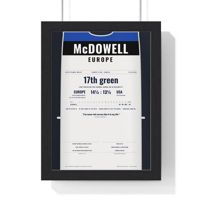 Graeme McDowell Celtic Manor 2010 Golf Poster - Caddie Bib Europe v USA Winning Point Print framed in a black frame, ready to hang