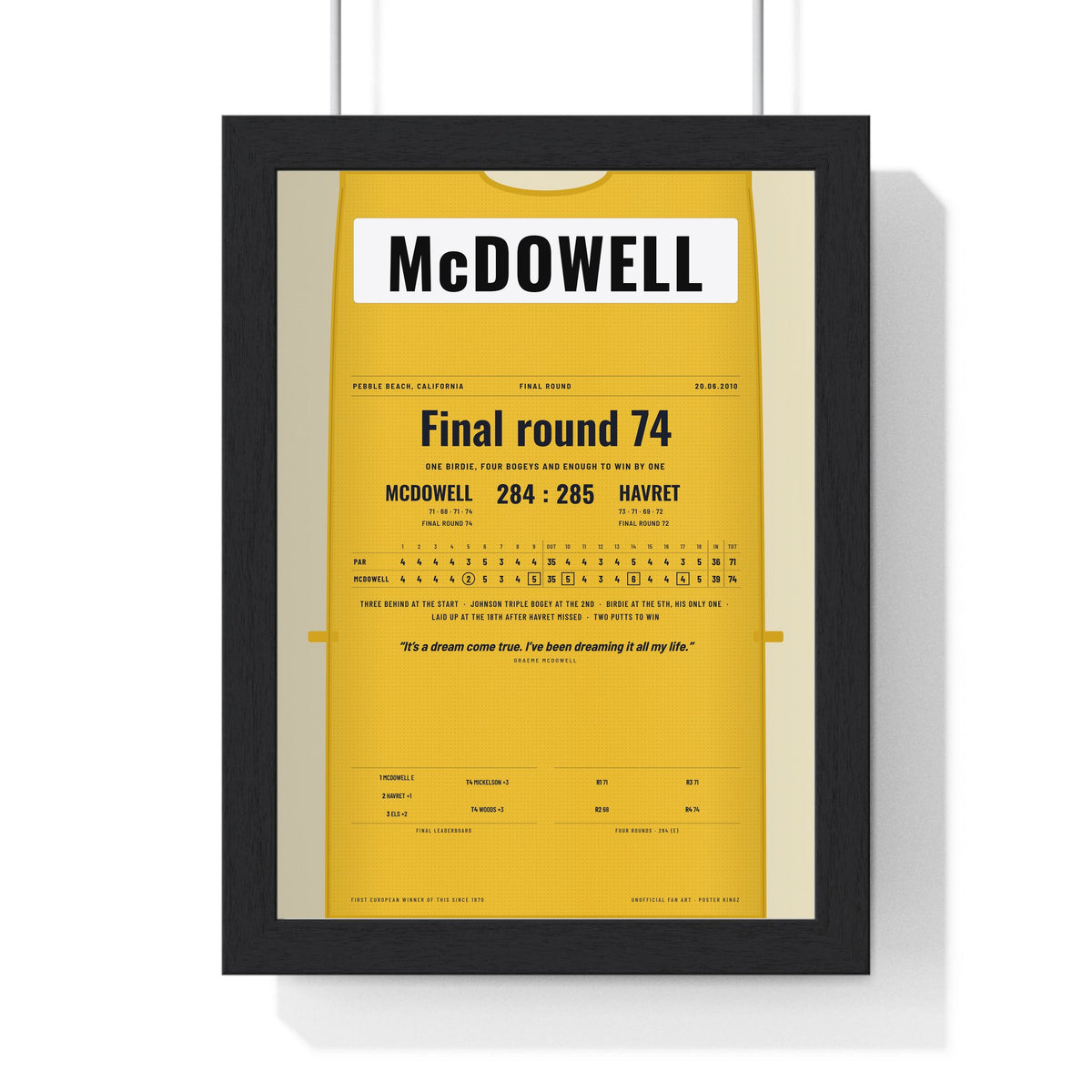 Graeme McDowell Pebble Beach 2010 Golf Poster - Caddie Bib Final Round Win Print framed in a black frame, ready to hang