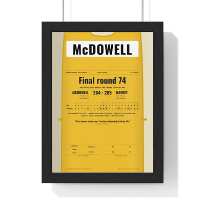 Graeme McDowell Pebble Beach 2010 Golf Poster - Caddie Bib Final Round Win Print framed in a black frame, ready to hang