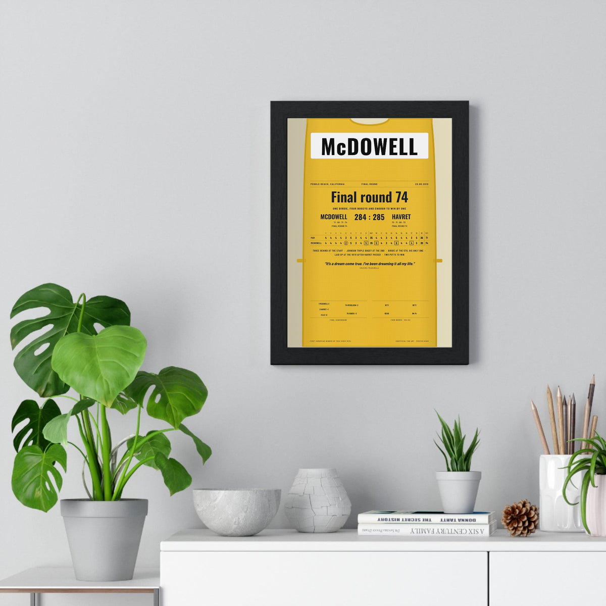Graeme McDowell Pebble Beach 2010 Golf Poster - Caddie Bib Final Round Win Print framed on a living room wall