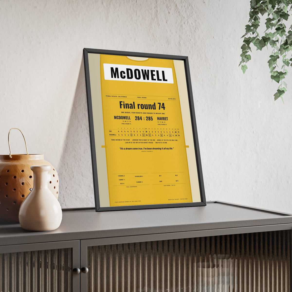 Graeme McDowell Pebble Beach 2010 Golf Poster - Caddie Bib Final Round Win Print framed and leaning on a sideboard