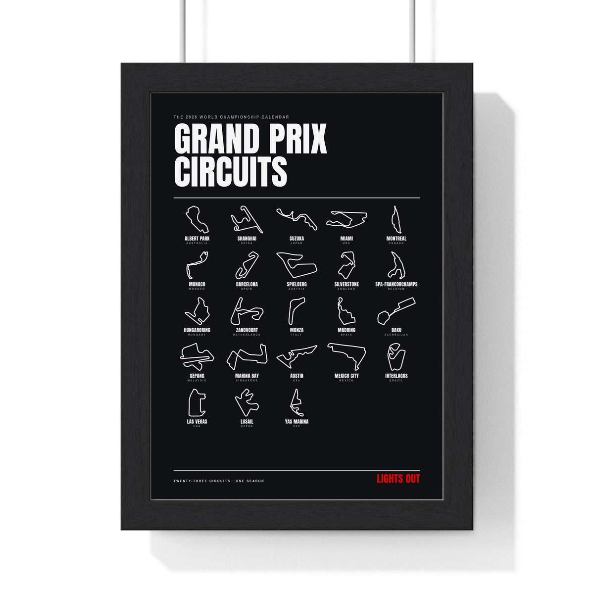 Grand Prix Circuits 2026 print framed in a black frame, ready to hang