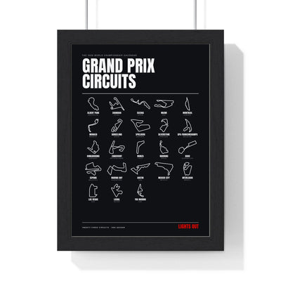 Grand Prix Circuits 2026 print framed in a black frame, ready to hang