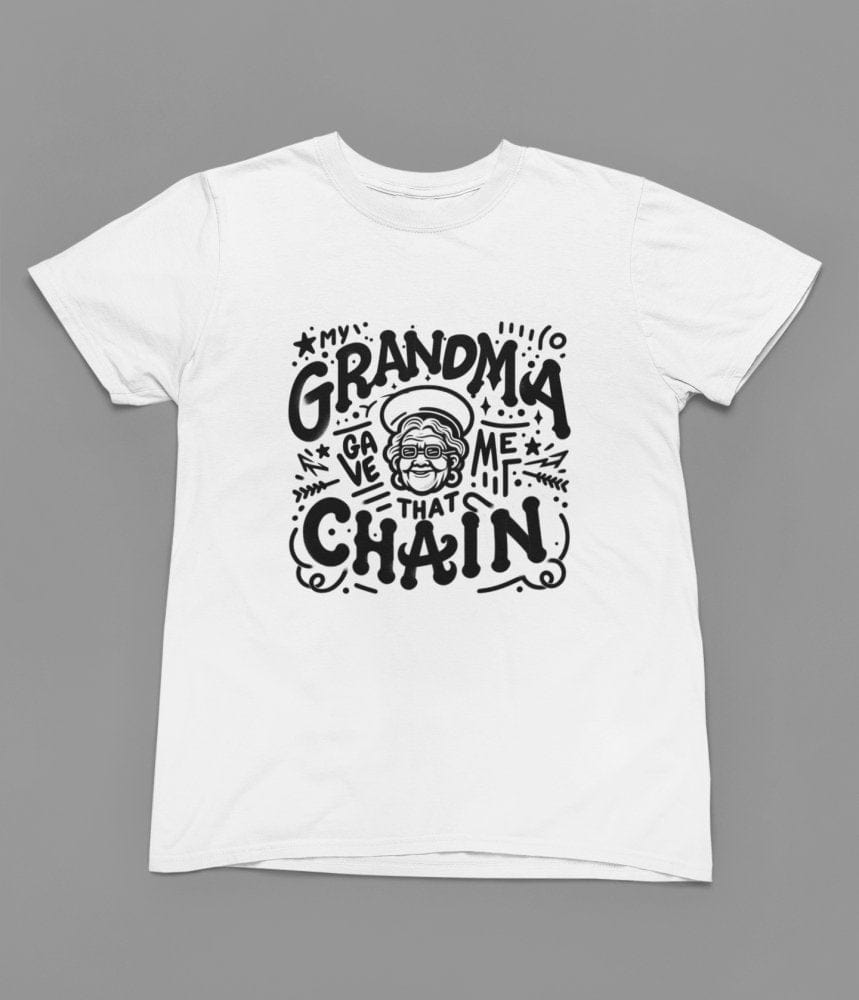 Black t-shirt with Grandma Gave Me That Chain Quote Friday Movie /Sweatshirt close-up