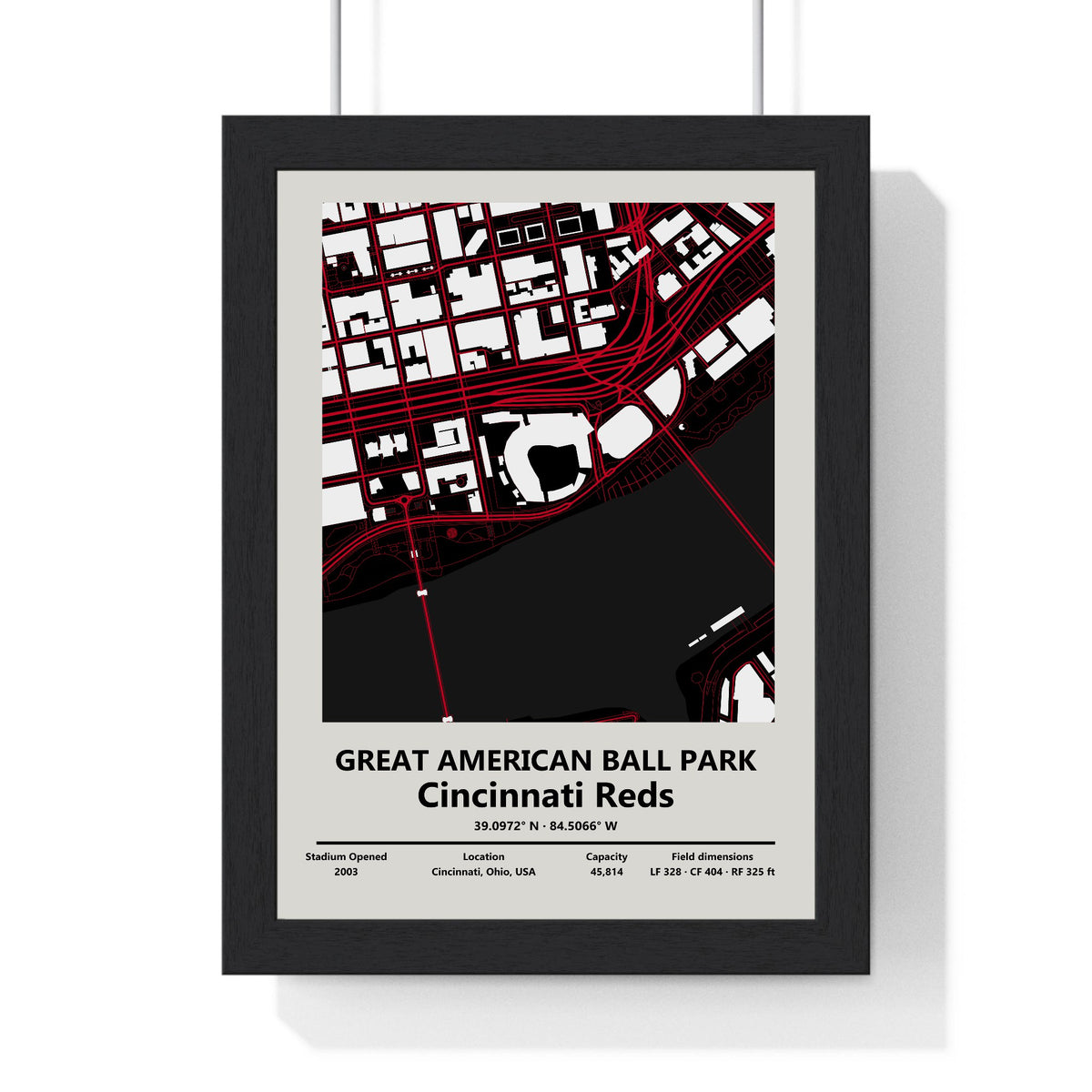 Great American Ball Park map print framed in a black frame, ready to hang