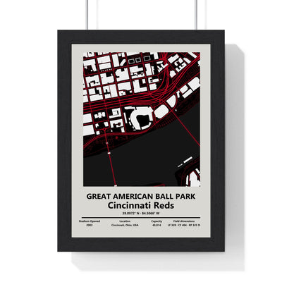 Great American Ball Park map print framed in a black frame, ready to hang