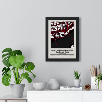Great American Ball Park map print framed on a living room wall