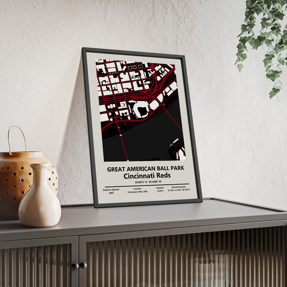 Great American Ball Park map print framed and leaning on a sideboard
