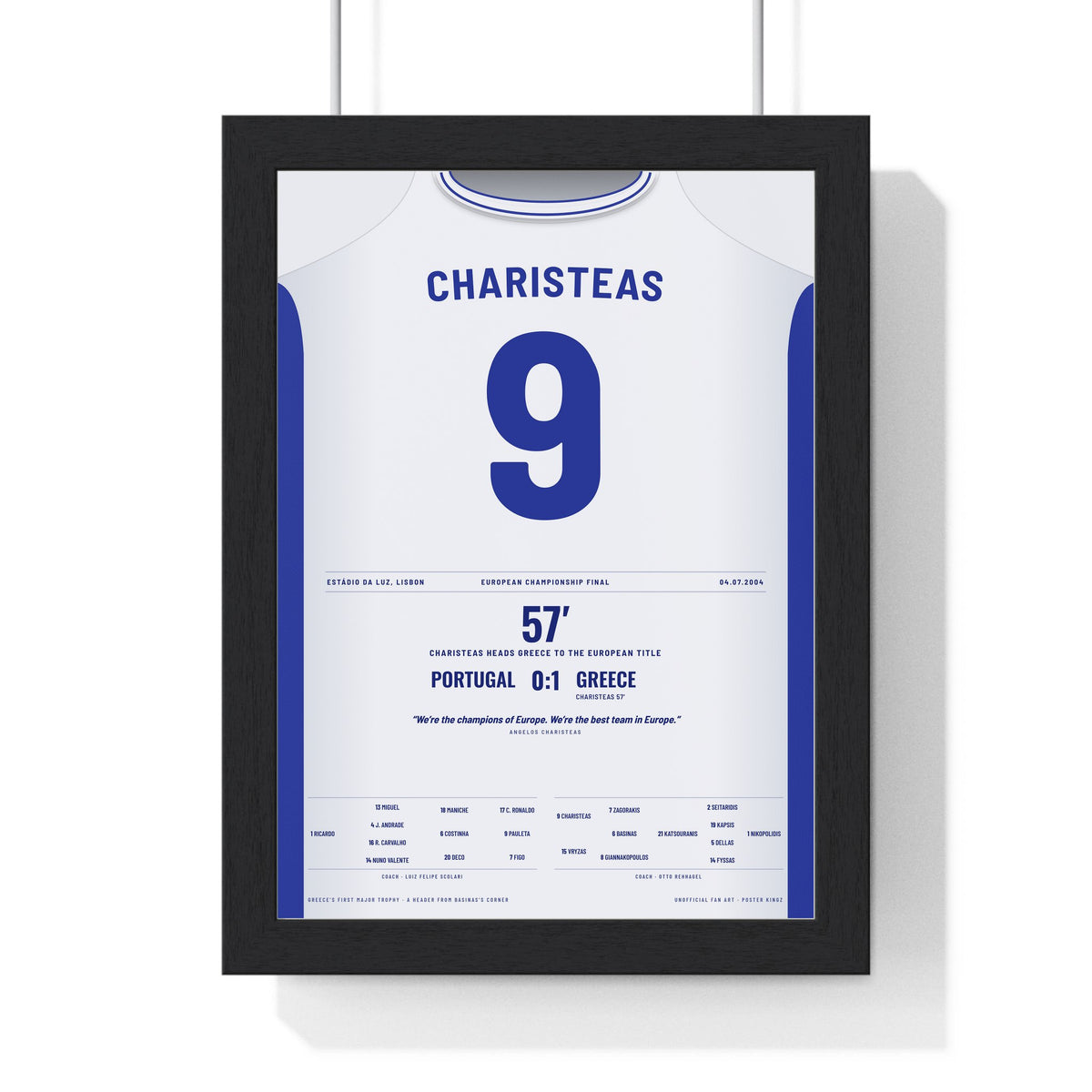 Greece Euro 2004 Final Poster - Angelos Charisteas 9 Header v Portugal Shirt Print framed in a black frame, ready to hang