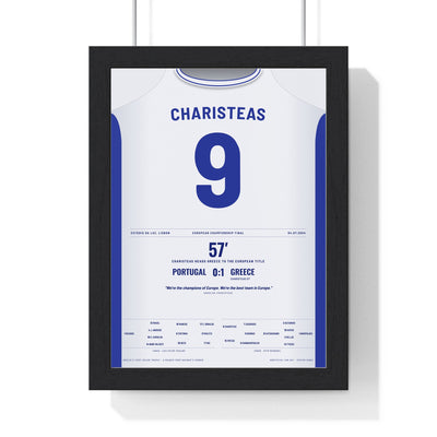Greece Euro 2004 Final Poster - Angelos Charisteas 9 Header v Portugal Shirt Print framed in a black frame, ready to hang