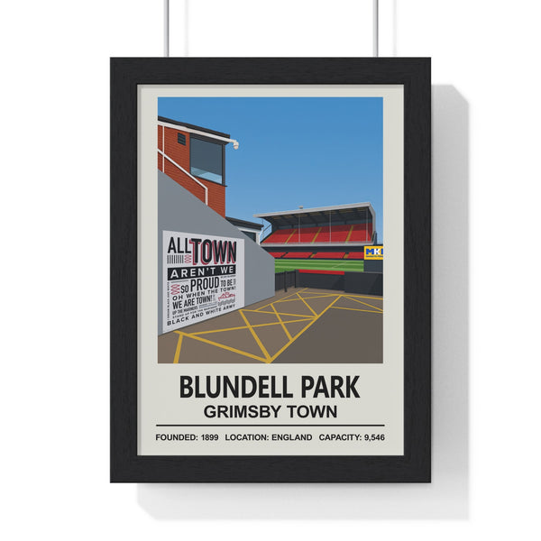 Framed Grimsby Town Blundell Park stadium poster on living room wall