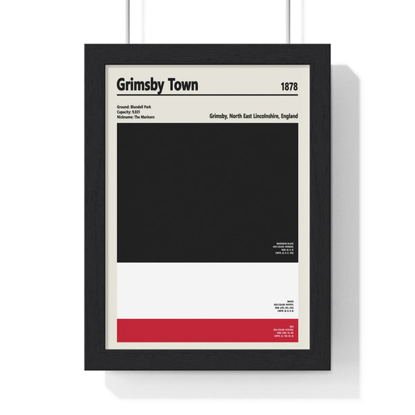 Framed Grimsby Town colour swatch print showing black, white and red swatches on wall