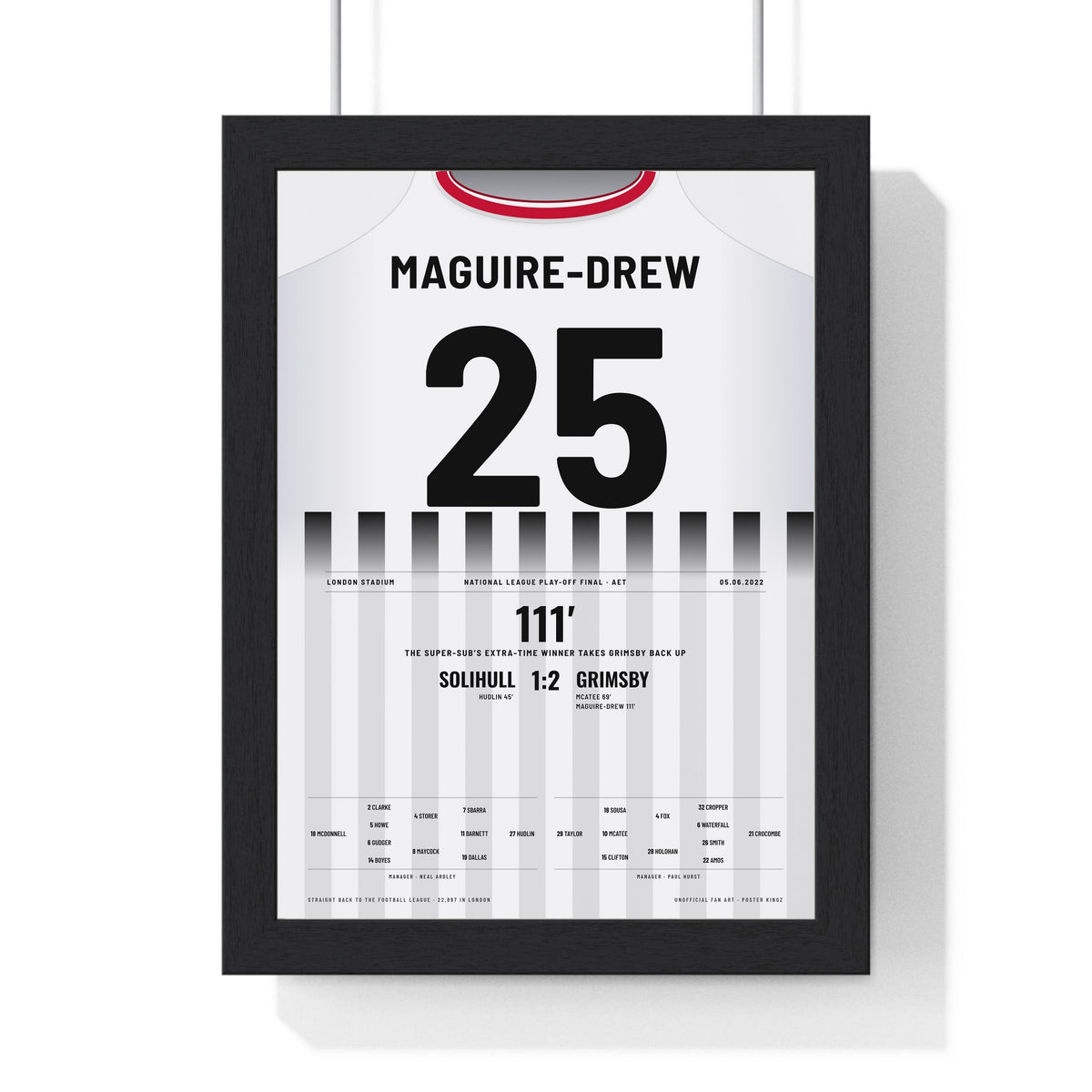 Grimsby Town Play-Off Final 2022 Poster - Jordan Maguire-Drew 25 Shirt Print framed in a black frame, ready to hang