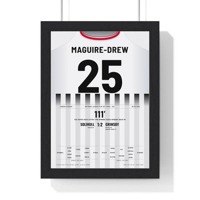 Grimsby Town Play-Off Final 2022 Poster - Jordan Maguire-Drew 25 Shirt Print framed in a black frame, ready to hang