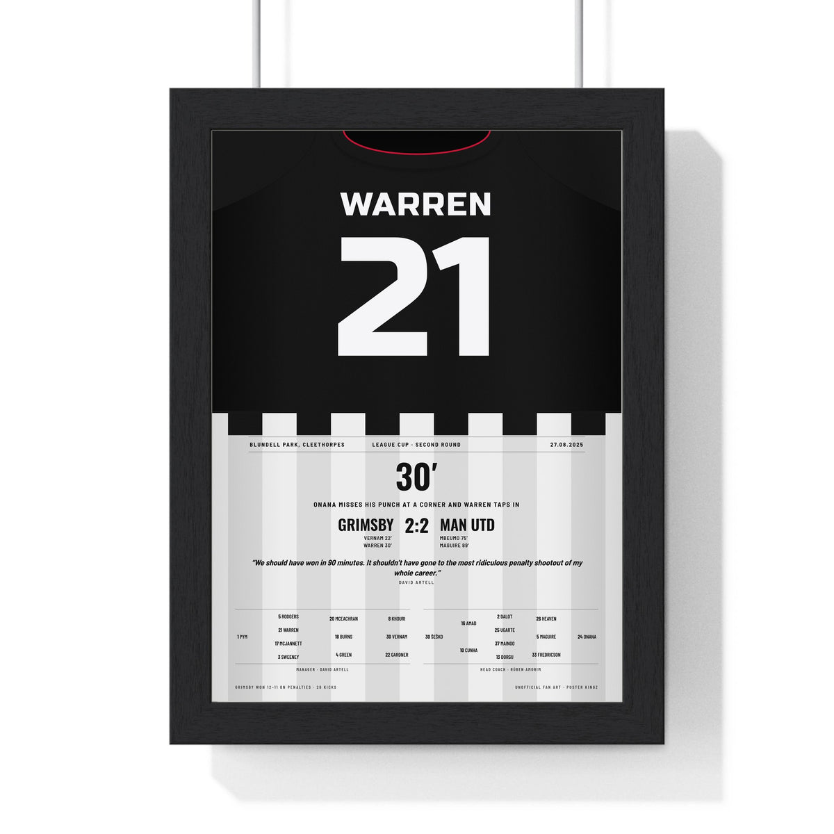 Grimsby Town v Man Utd League Cup 2025 Poster - Warren 21 Shirt Print framed in a black frame, ready to hang