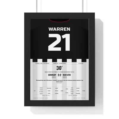 Grimsby Town v Man Utd League Cup 2025 Poster - Warren 21 Shirt Print framed in a black frame, ready to hang