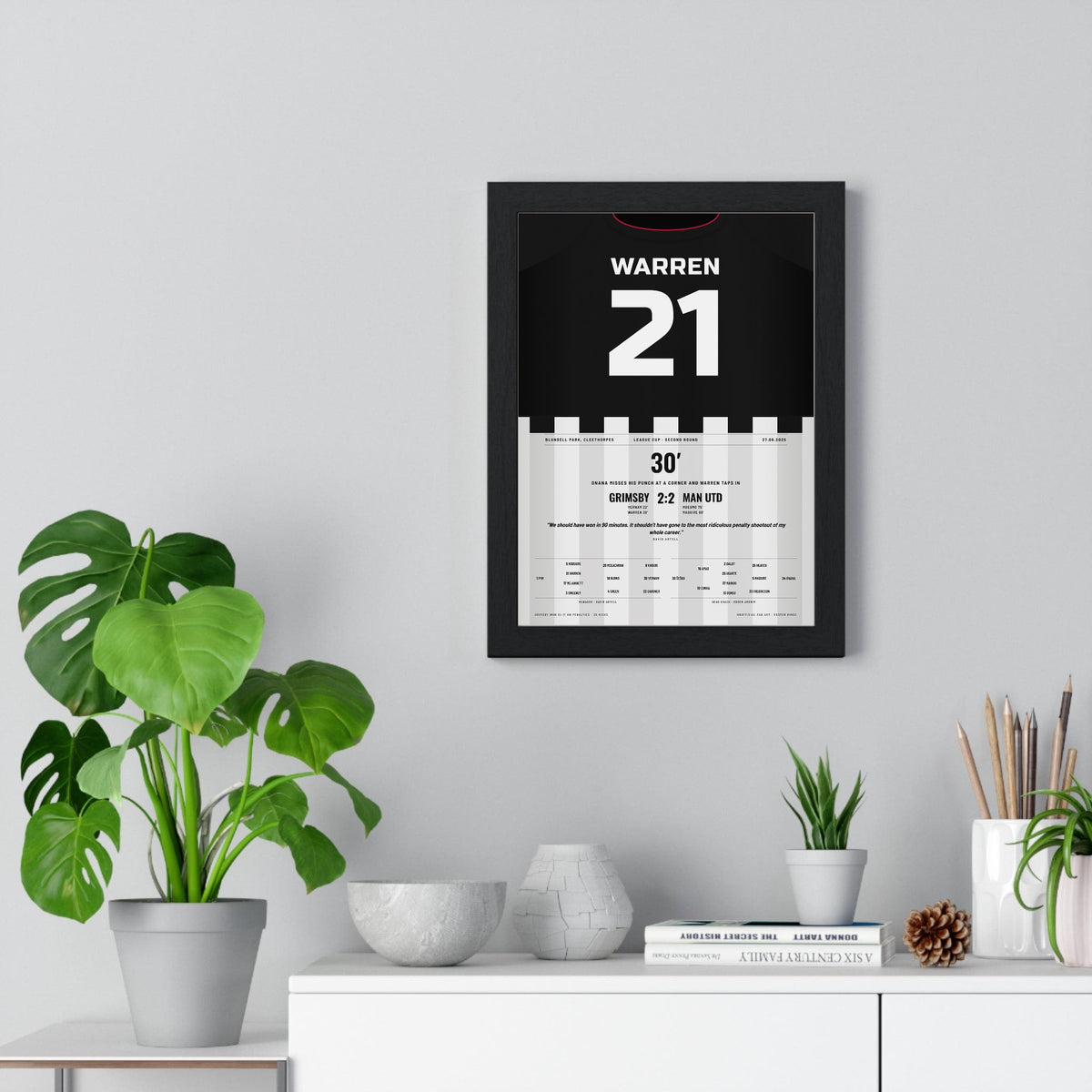 Grimsby Town v Man Utd League Cup 2025 Poster - Warren 21 Shirt Print framed on a living room wall