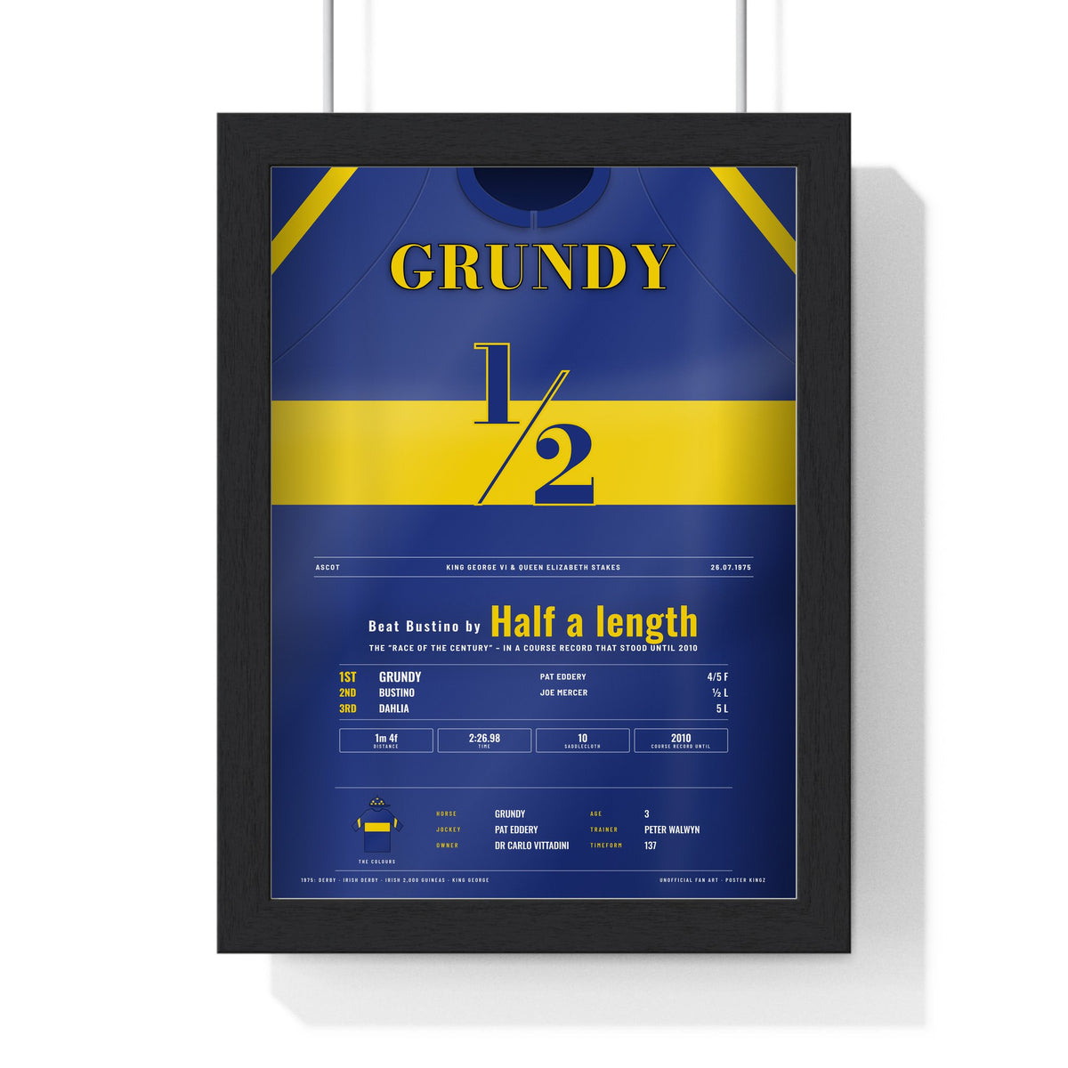 Grundy King George 1975 Horse Racing Poster - Race of the Century Silks Print framed in a black frame, ready to hang