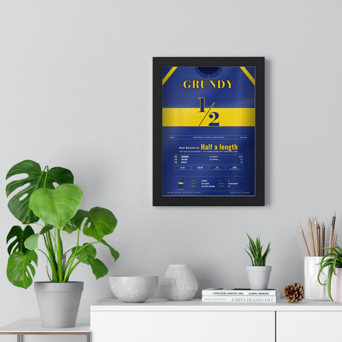 Grundy King George 1975 Horse Racing Poster - Race of the Century Silks Print framed on a living room wall