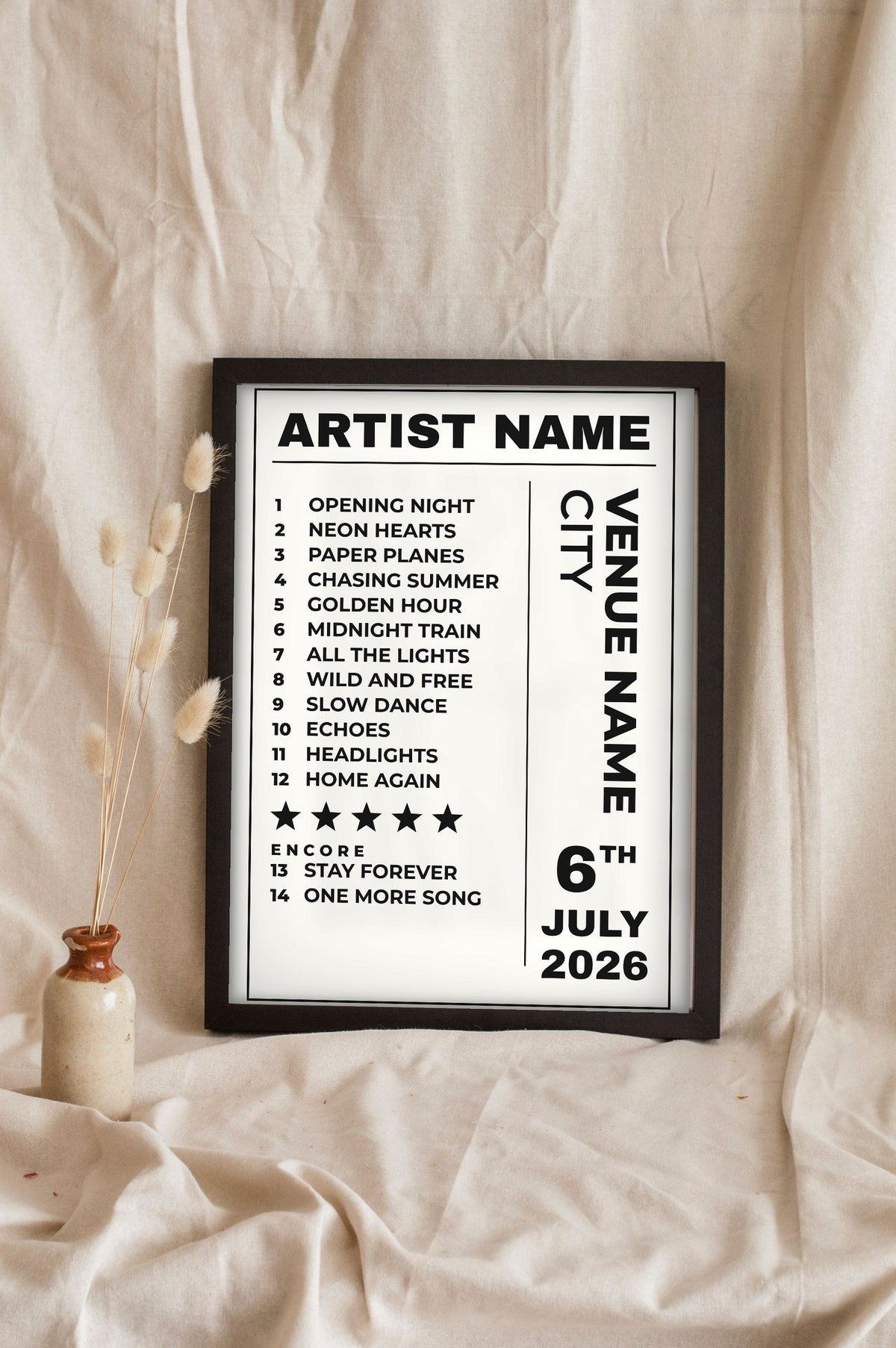 Personalised Concert Setlist Print - Lifestyle - leaning in a frame with dried flowers