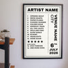 Personalised Concert Setlist Print - Lifestyle - hanging on a living room wall