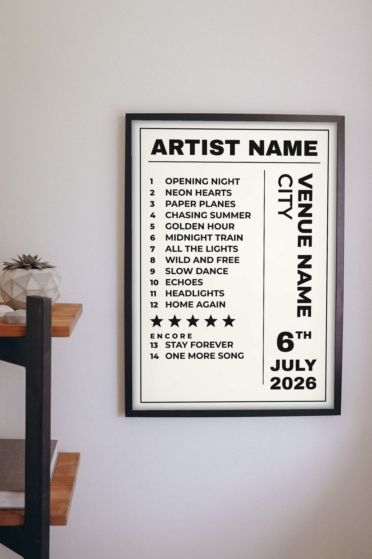 Personalised Concert Setlist Print - Lifestyle - hanging on a living room wall
