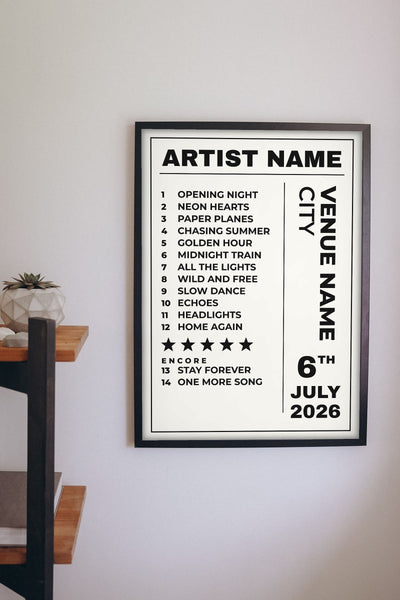 Personalised Concert Setlist Print - Lifestyle - hanging on a living room wall