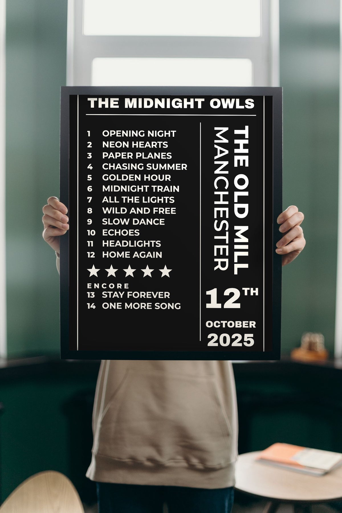 Personalised Concert Setlist Print - Lifestyle - held up in a bright room