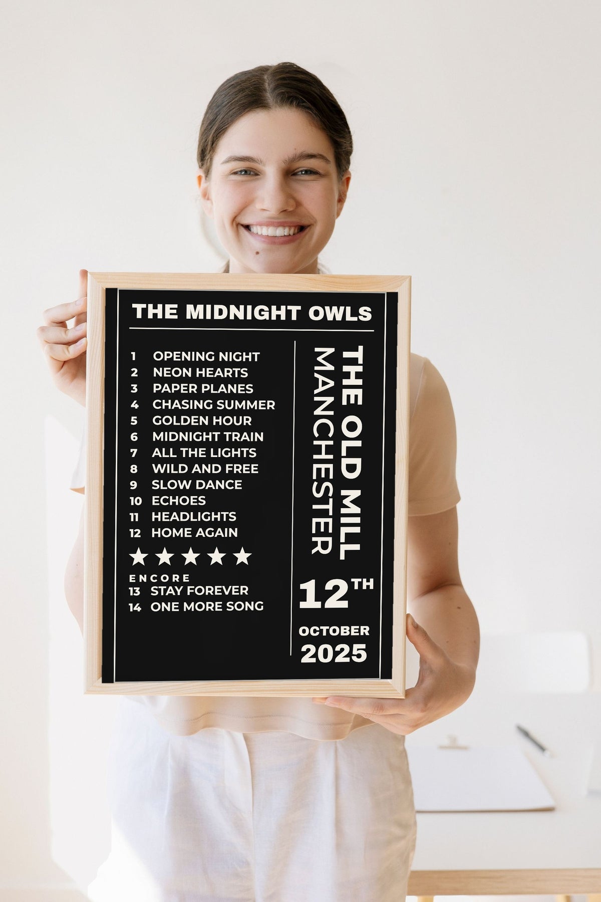 Personalised Concert Setlist Print - Lifestyle - held by a smiling woman