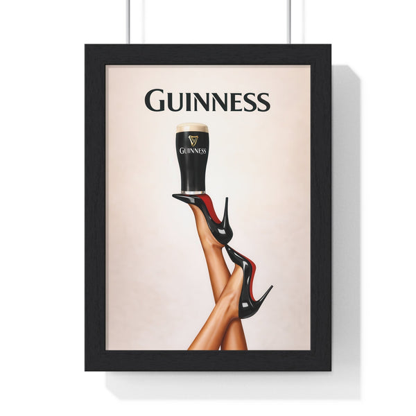 Framed Guinness beer fashion wall art print with black frame showing pint glass and high-heeled shoe design
