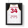 Hakeem Olajuwon 1994 NBA Finals Game 6 Block Poster - Houston Rockets 34 Jersey Print framed in a black frame, ready to hang