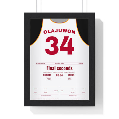 Hakeem Olajuwon 1994 NBA Finals Game 6 Block Poster - Houston Rockets 34 Jersey Print framed in a black frame, ready to hang