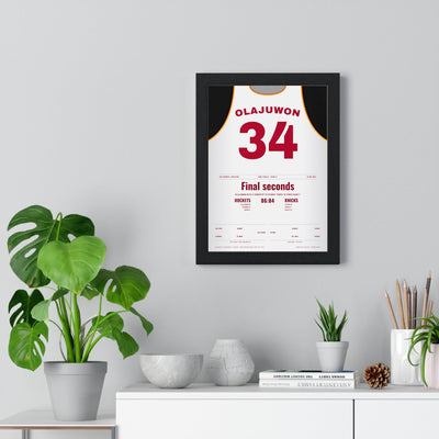 Hakeem Olajuwon 1994 NBA Finals Game 6 Block Poster - Houston Rockets 34 Jersey Print framed on a living room wall