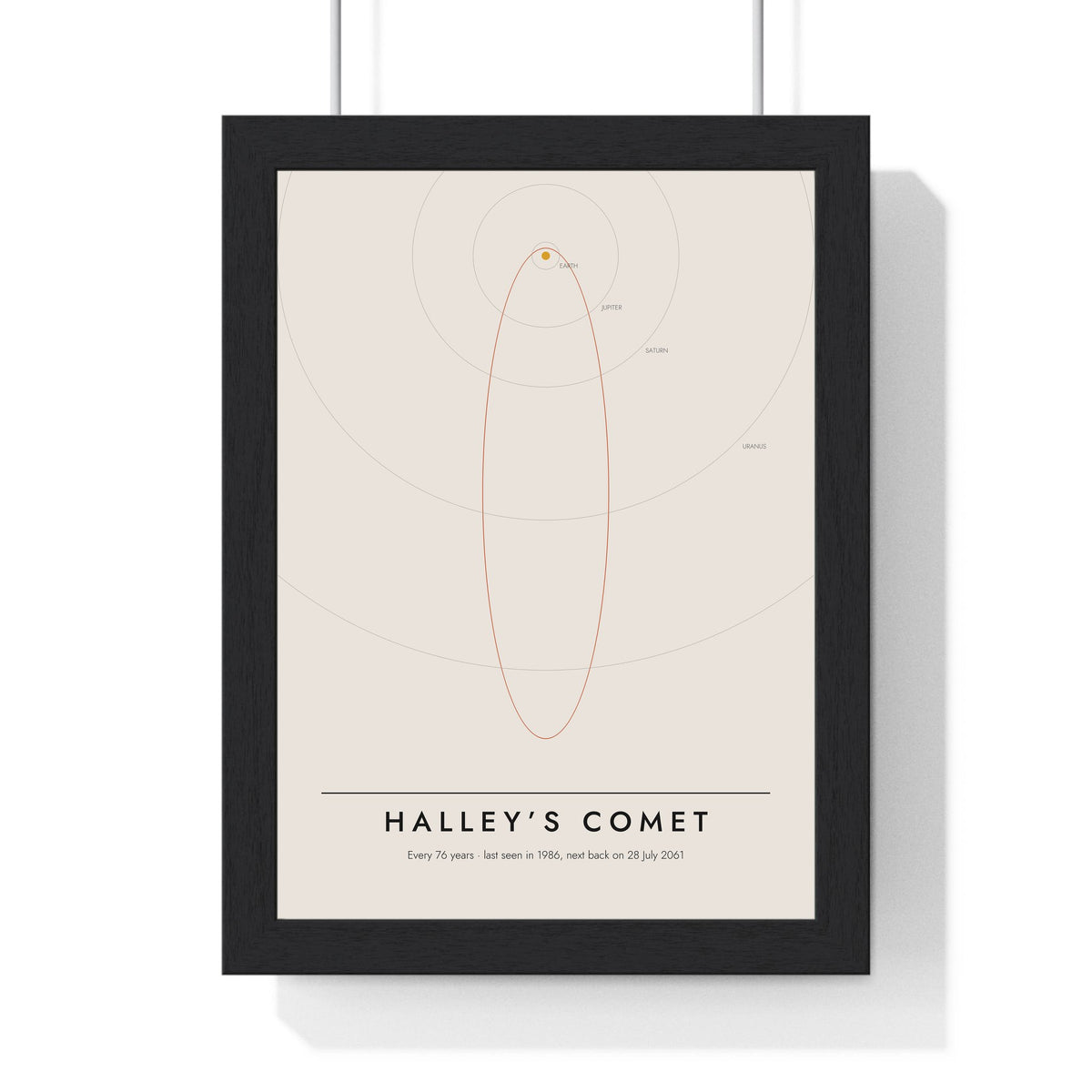 Halley’s Comet print framed in a black frame, ready to hang