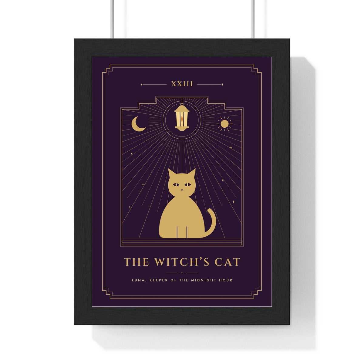 Halloween Tarot Card Print - framed cat tarot card in gold on plum