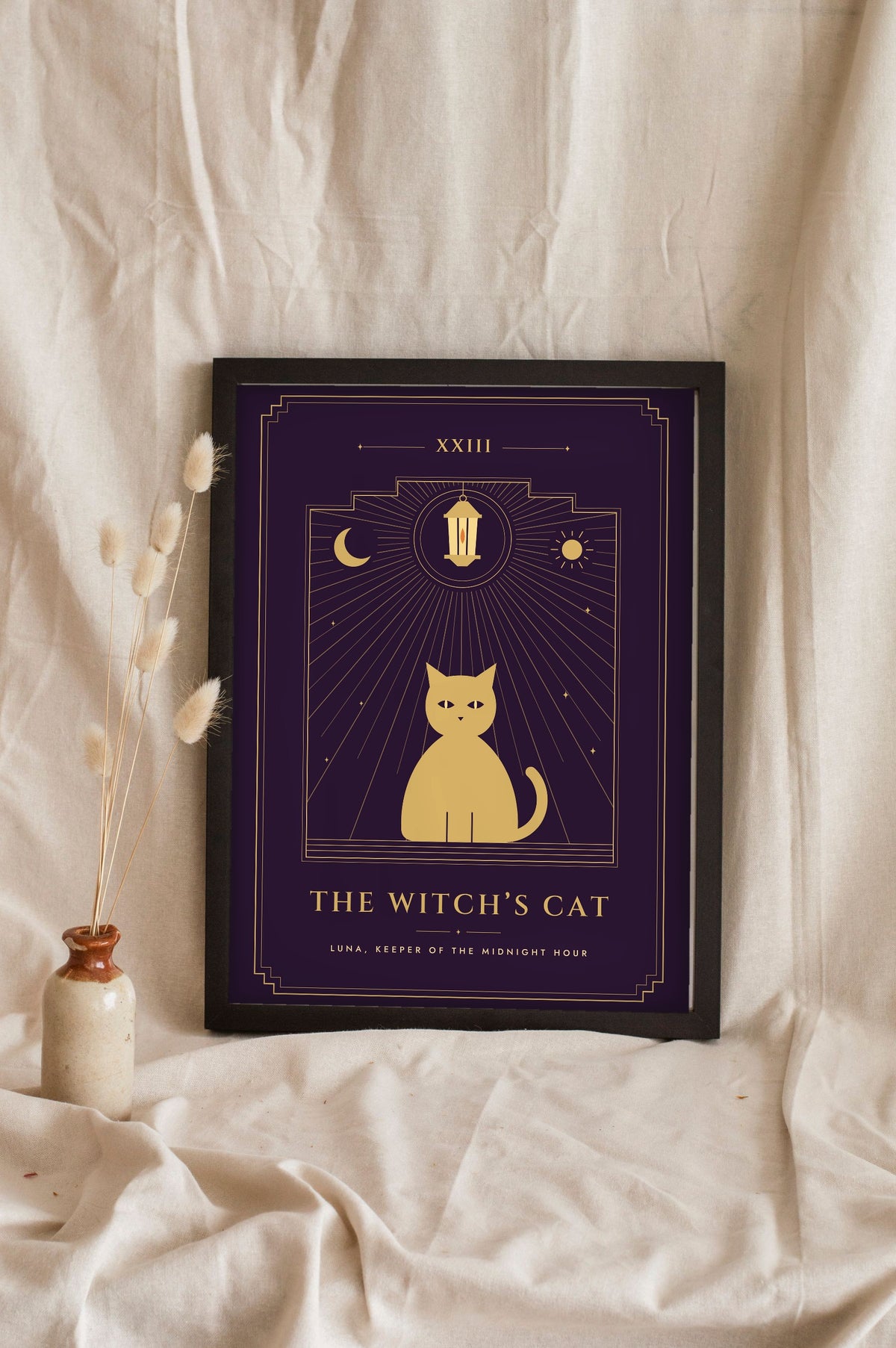 Halloween Tarot Card Print - plum cat tarot card leaning on a shelf
