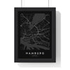 Hamburg street map poster in black, minimal city map print framed in a black frame