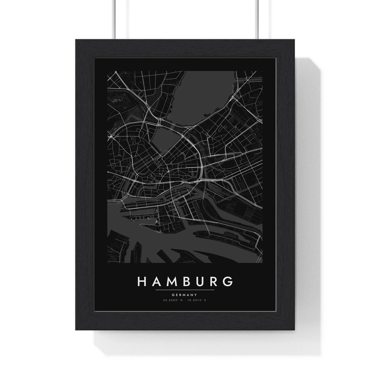 Hamburg street map poster in black, minimal city map print framed in a black frame