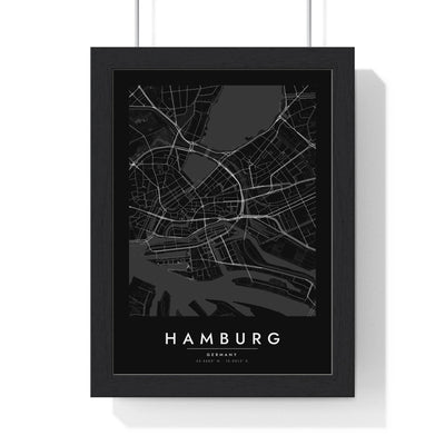 Hamburg street map poster in black, minimal city map print framed in a black frame