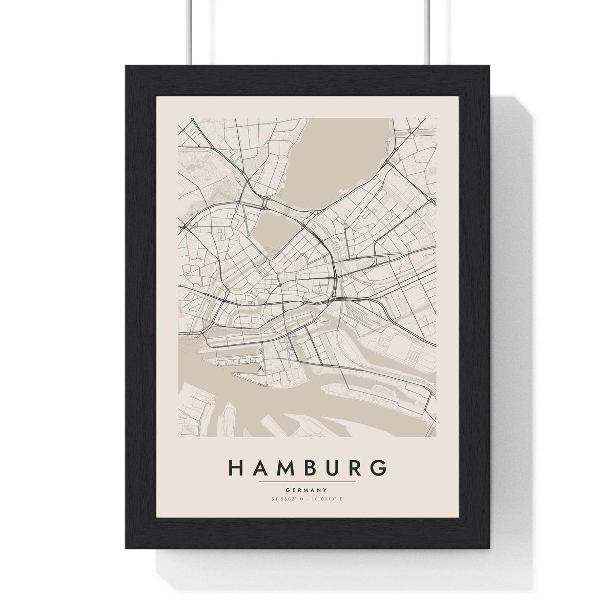 Hamburg street map poster in cream, minimal city map print framed in a black frame