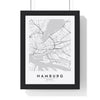 Hamburg street map poster in white, minimal city map print framed in a black frame