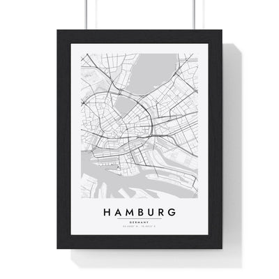 Hamburg street map poster in white, minimal city map print framed in a black frame