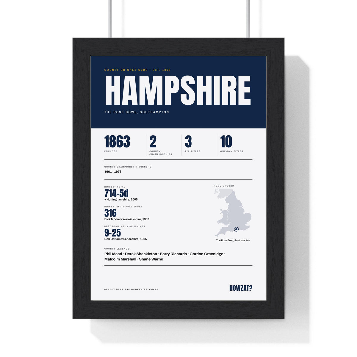 Hampshire Cricket print framed in a black frame, ready to hang