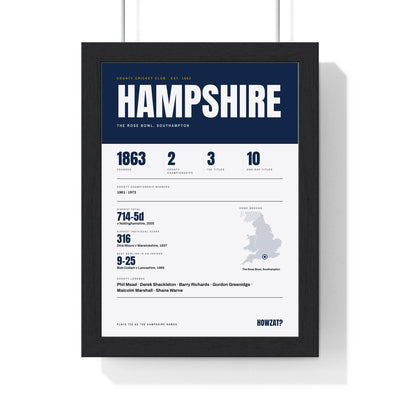 Hampshire Cricket print framed in a black frame, ready to hang