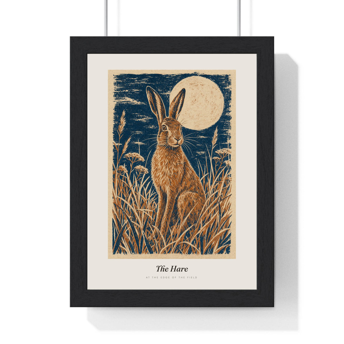 Hare and Moon Print framed in a black frame, ready to hang