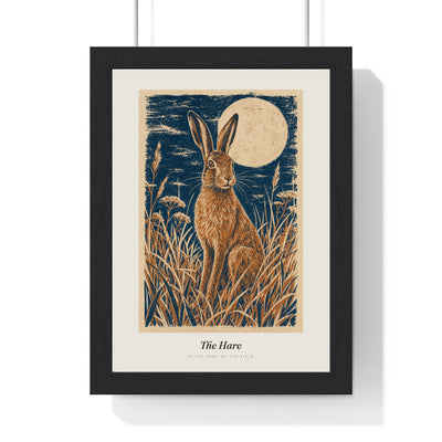 Hare and Moon Print framed in a black frame, ready to hang