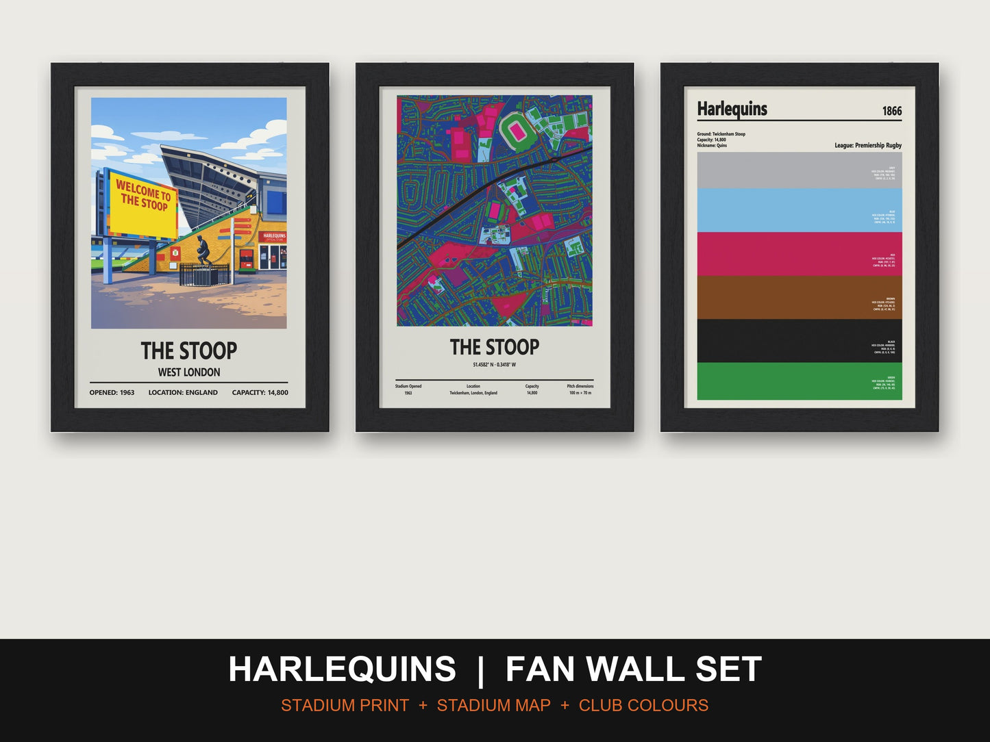 Harlequins Fan Wall Set | The Stoop Print, Stadium Map & Club Colours