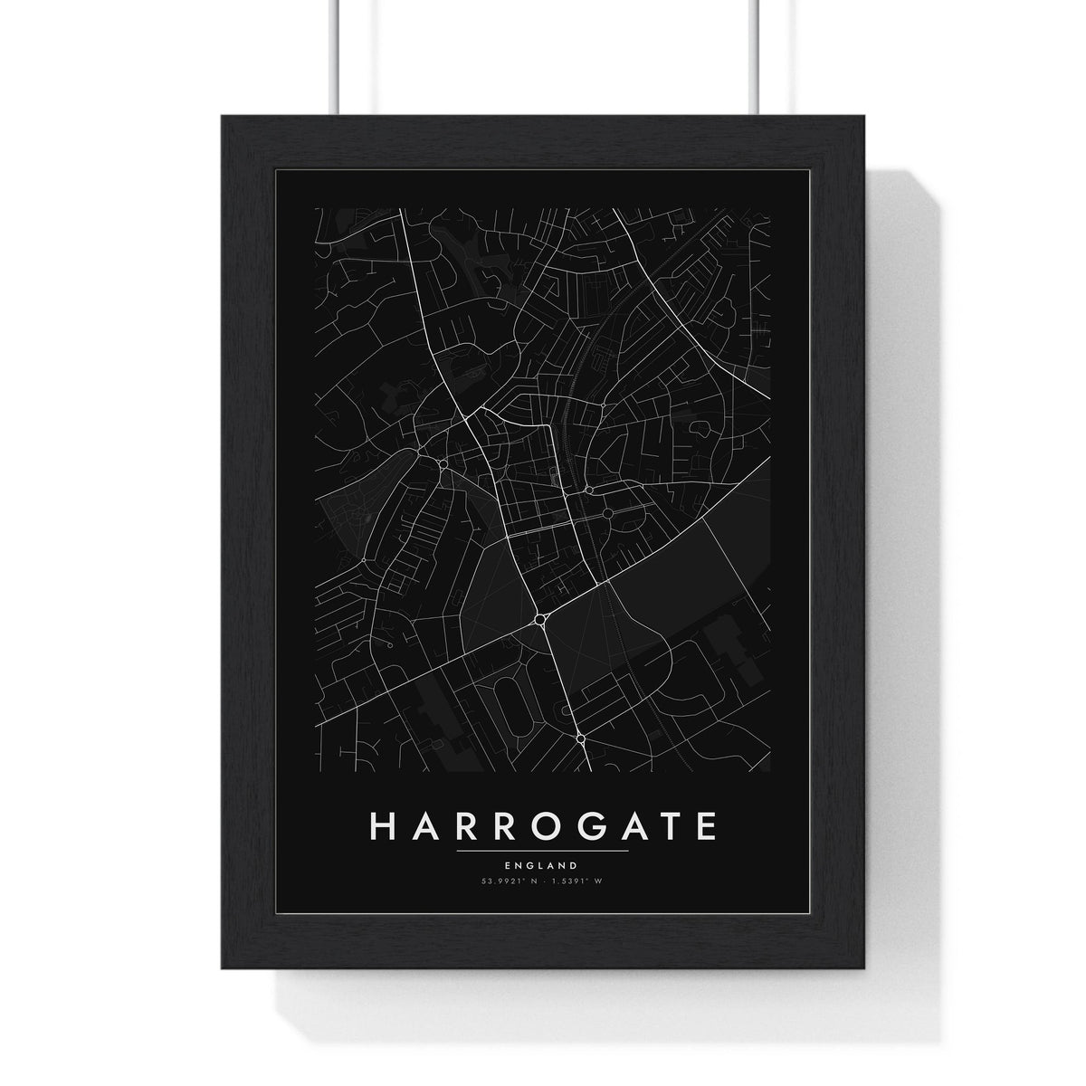 Harrogate street map poster in black, minimal city map print framed in a black frame